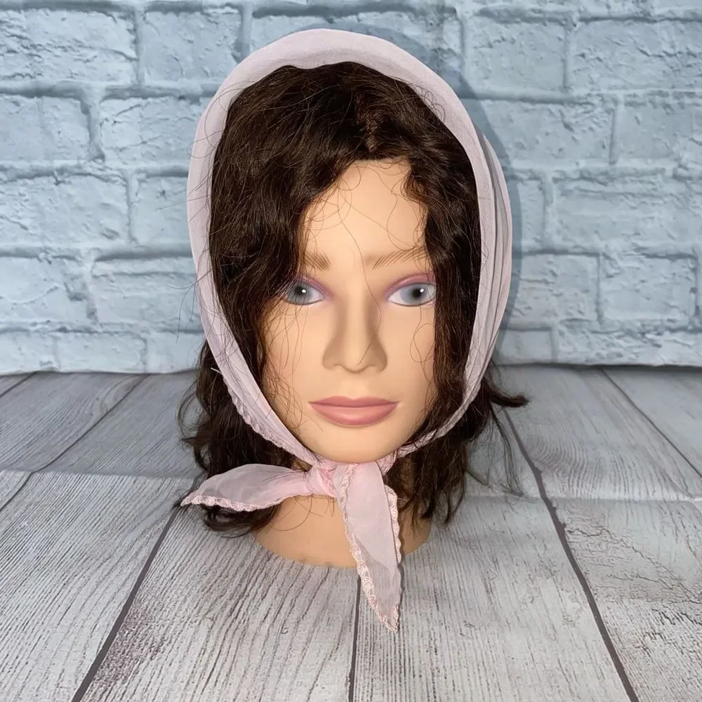 Vintage 1960’s Sheer head scarf with scallop embroidery edging light pink - Picture 2 of 9